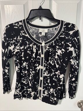 LOFT Silk Black & White Floral Button Cardigan